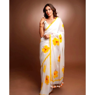 YNF Flower Print Linen Cotton Saree with Printed Blouse