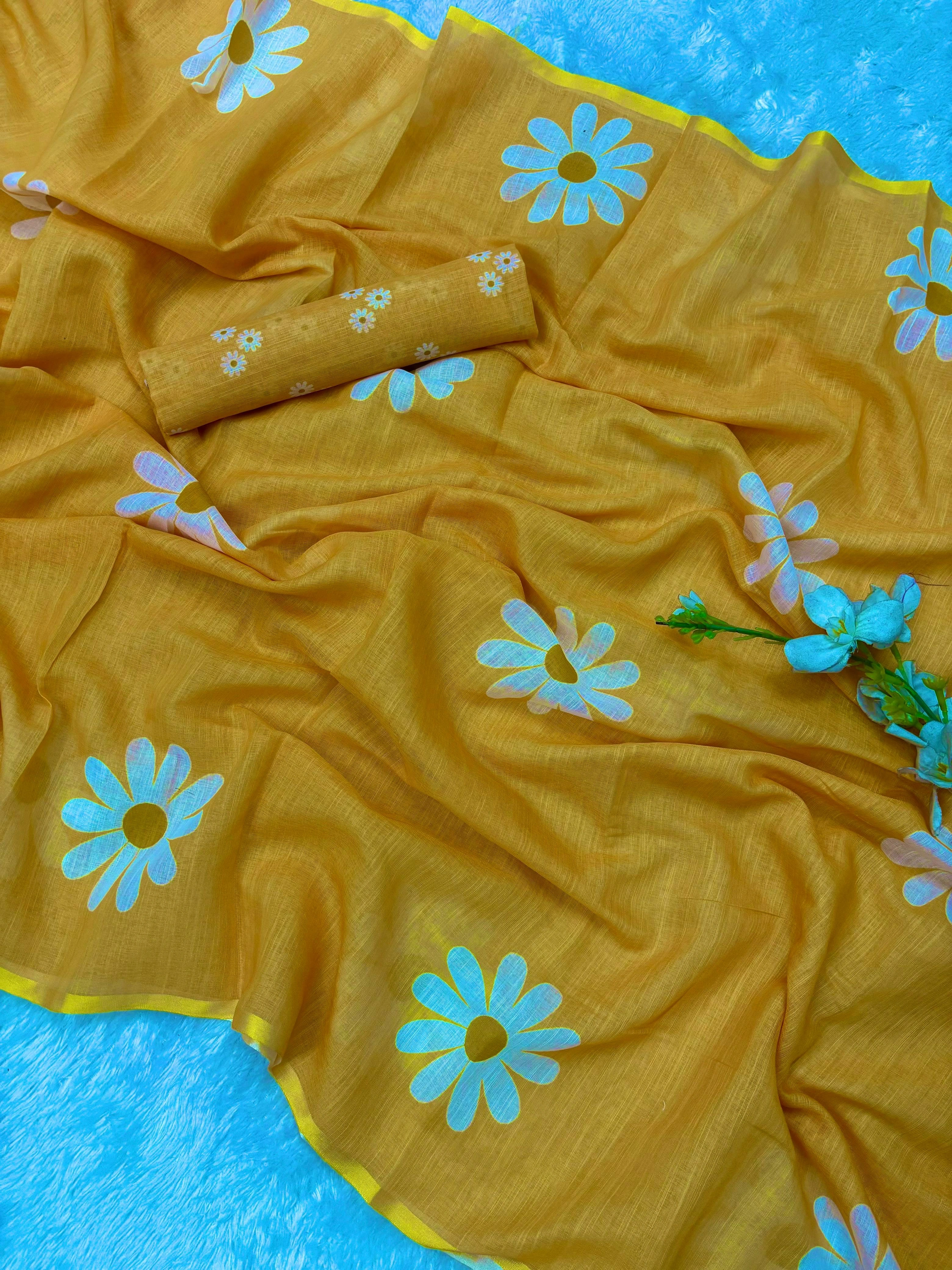 Flower Print Linen Cotton Saree with Printed Blouse-VAD-CHAMPA-Mustard