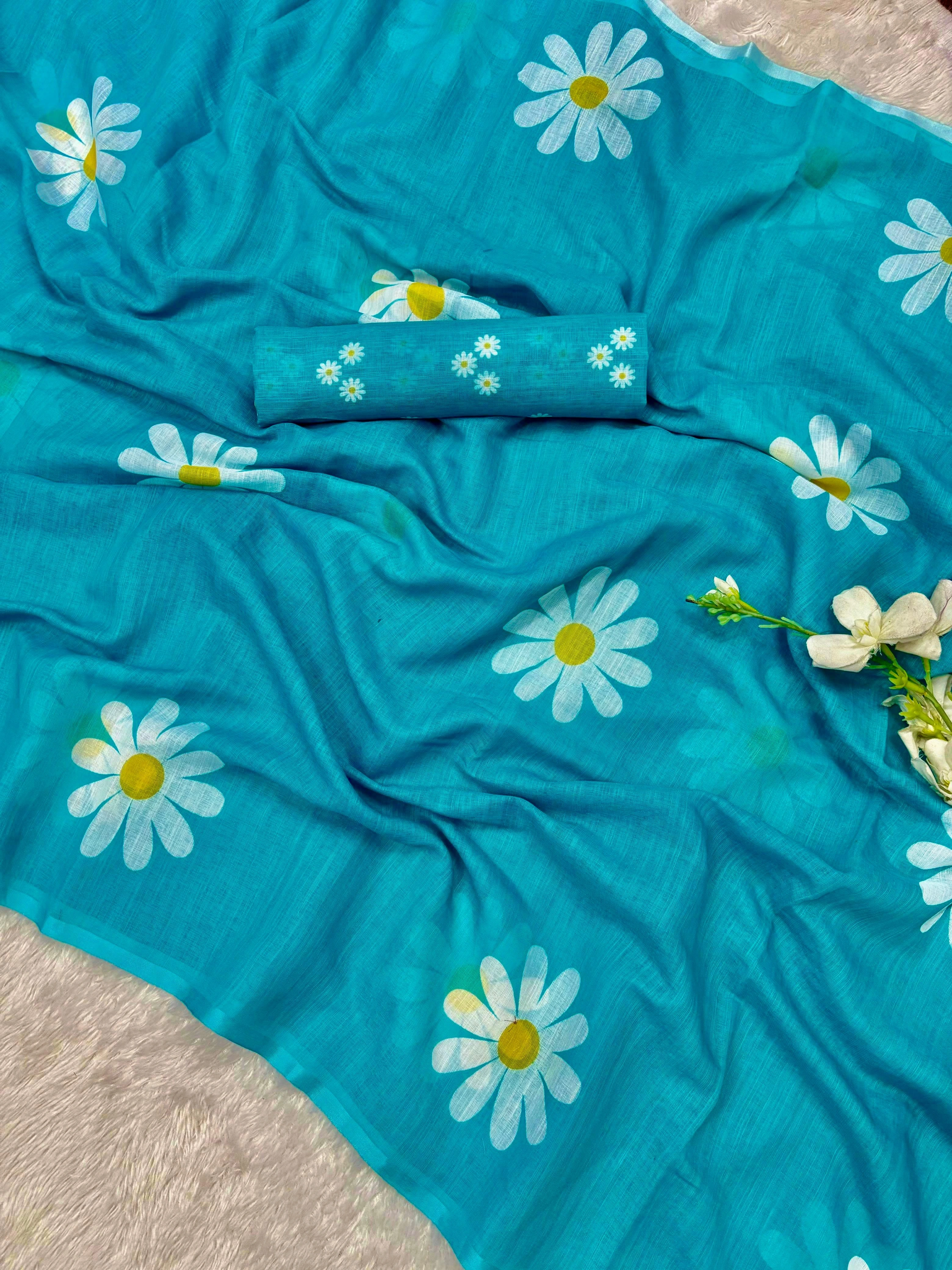 Flower Print Linen Cotton Saree with Printed Blouse-Sky Blue-2