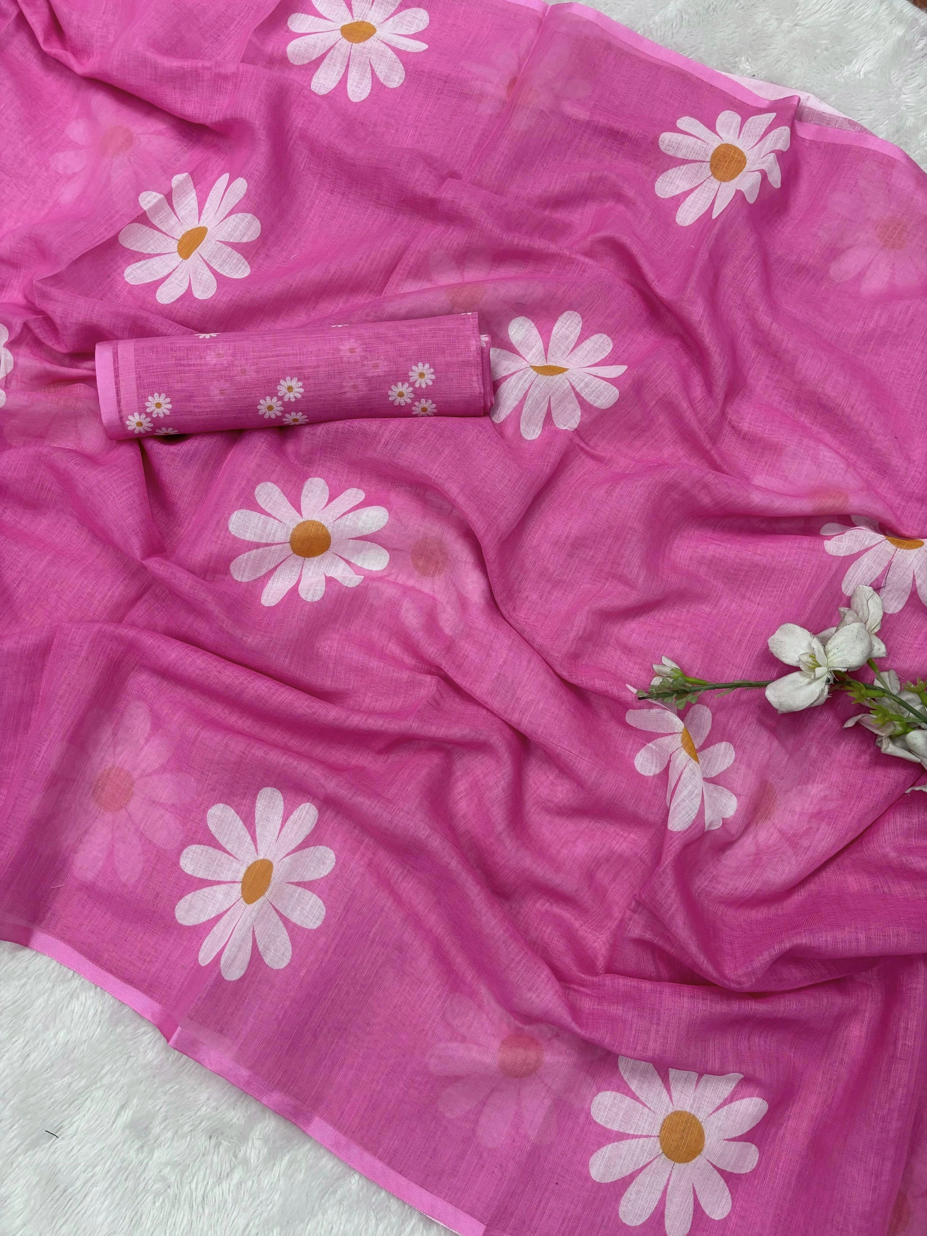 Flower Print Linen Cotton Saree with Printed Blouse-VAD-CHAMPA-Rani