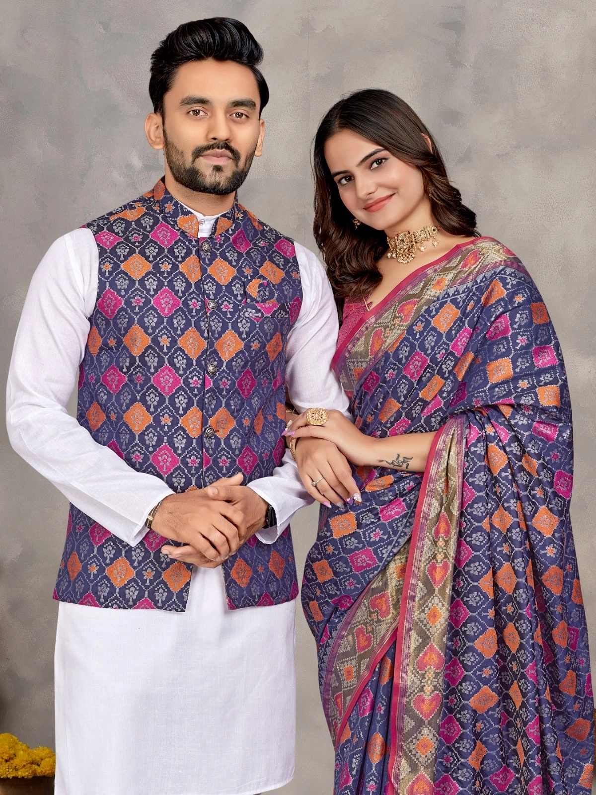 Stylish Men's Kurta Set and Women's Silk Saree - Multiple Sizes-M-Blue-1