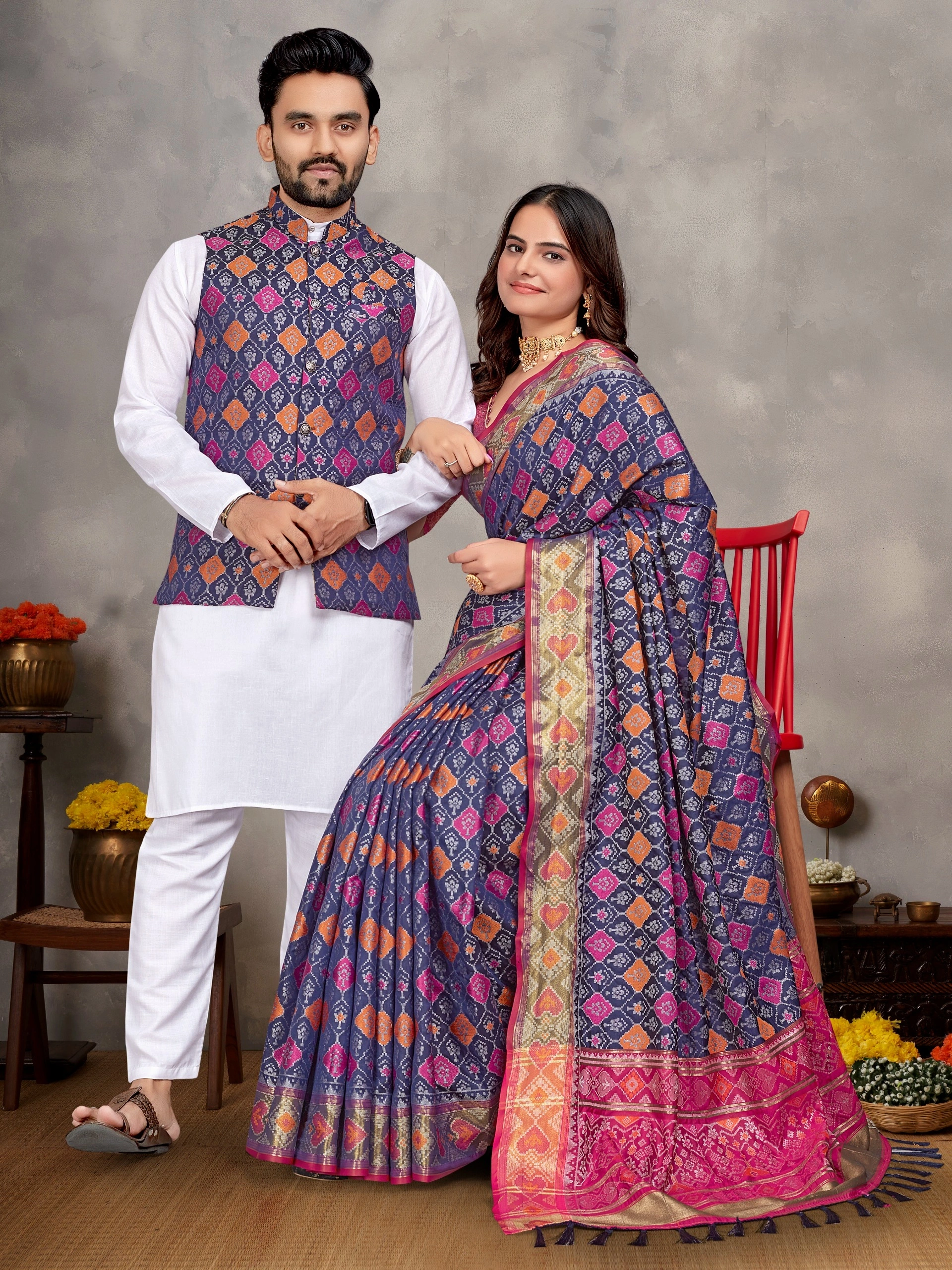 Stylish Men's Kurta Set and Women's Silk Saree - Multiple Sizes-WTX-MOH-MAYA-Blue-L