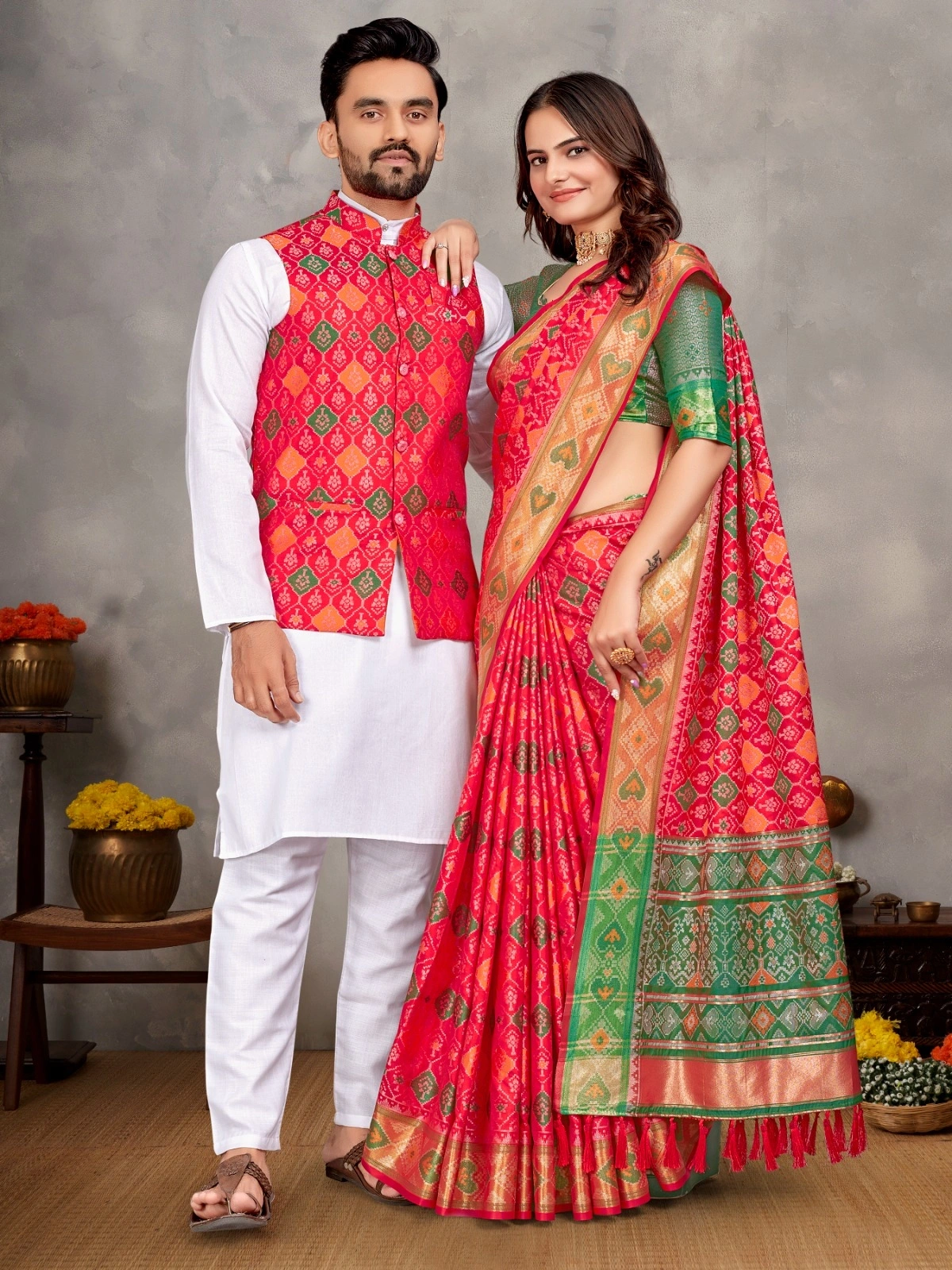 Stylish Men's Kurta Set and Women's Silk Saree - Multiple Sizes-WTX-MOH-MAYA-Red-M