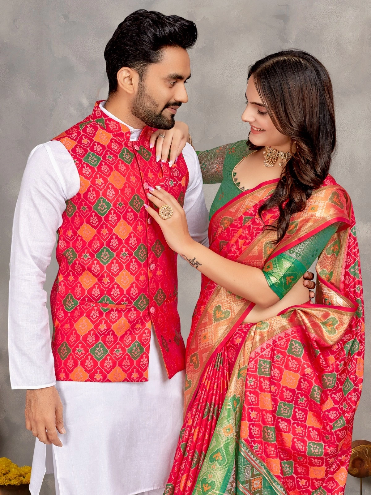 Stylish Men's Kurta Set and Women's Silk Saree - Multiple Sizes-Red-M-1