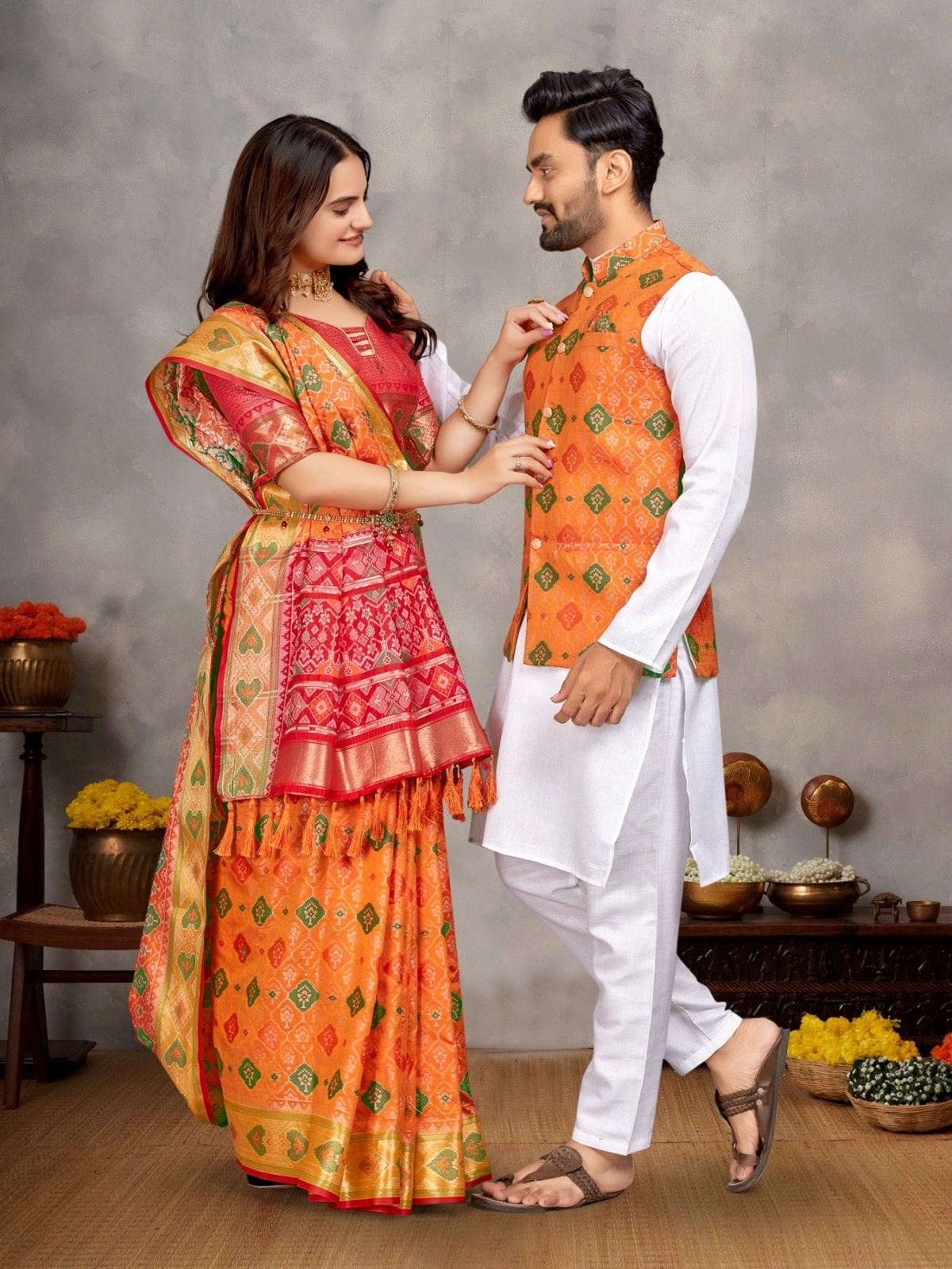 Stylish Men's Kurta Set and Women's Silk Saree - Multiple Sizes-WTX-MOH-MAYA-Orange-M