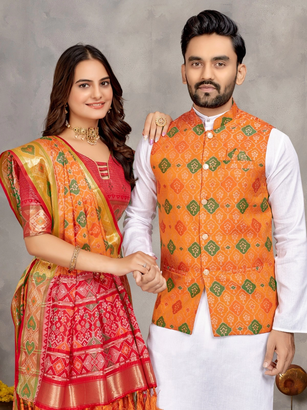 Stylish Men's Kurta Set and Women's Silk Saree - Multiple Sizes-Orange-L-1