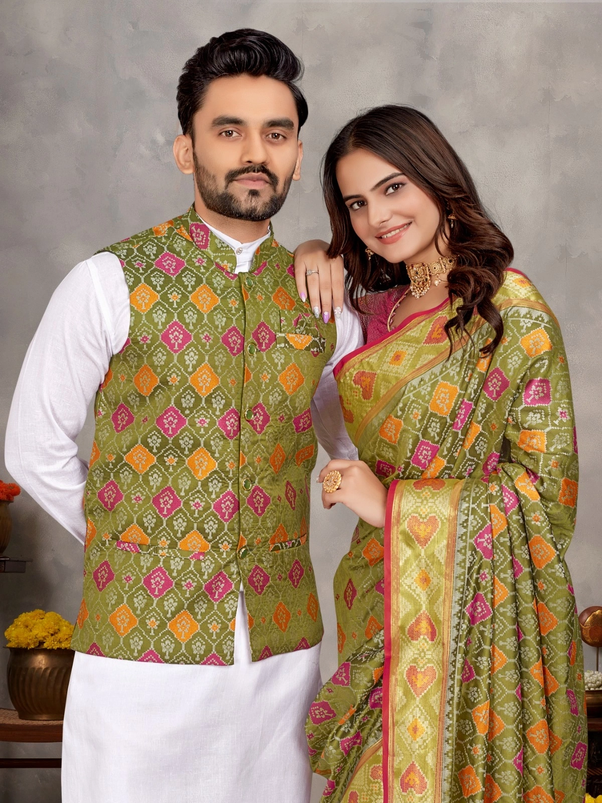 Stylish Men's Kurta Set and Women's Silk Saree - Multiple Sizes-Mehendi-M-1