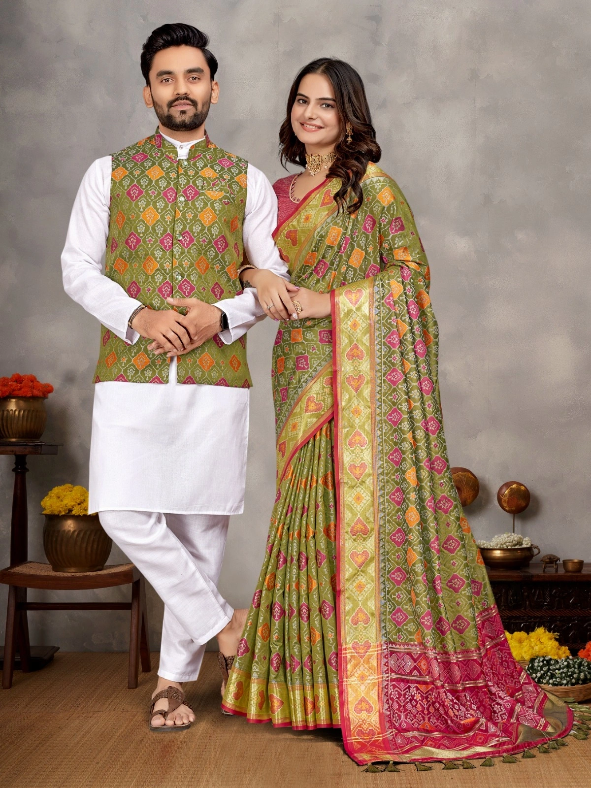 Stylish Men's Kurta Set and Women's Silk Saree - Multiple Sizes-WTX-MOH-MAYA-Mehendi-L