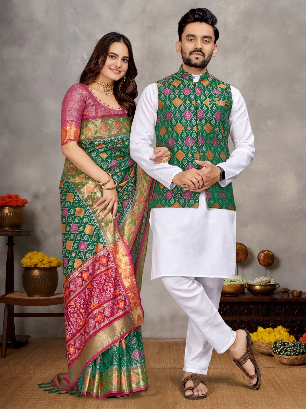 Stylish Men's Kurta Set and Women's Silk Saree - Multiple Sizes-WTX-MOH-MAYA-Green-L