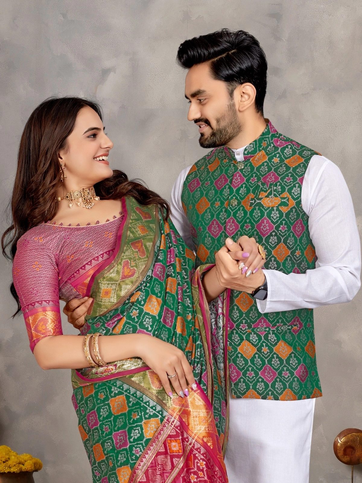 Stylish Men's Kurta Set and Women's Silk Saree - Multiple Sizes-Green-XXL-1