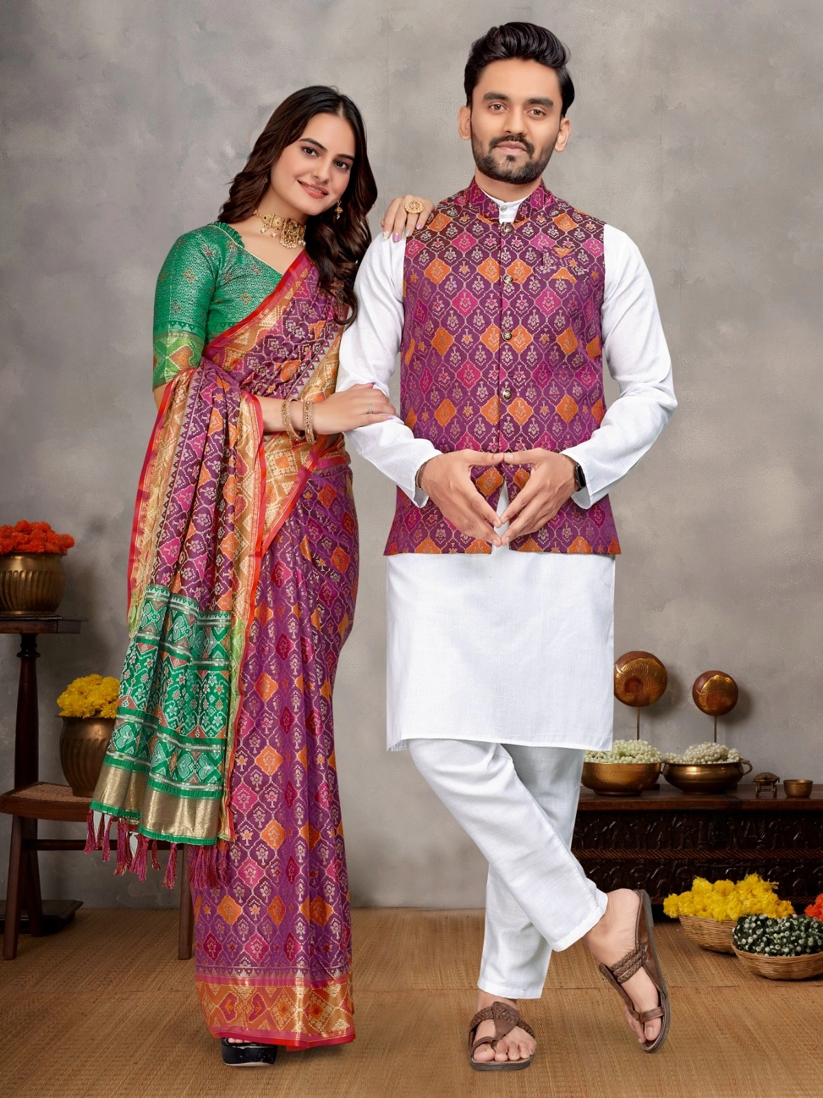 Stylish Men's Kurta Set and Women's Silk Saree - Multiple Sizes-WTX-MOH-MAYA-Wine-M