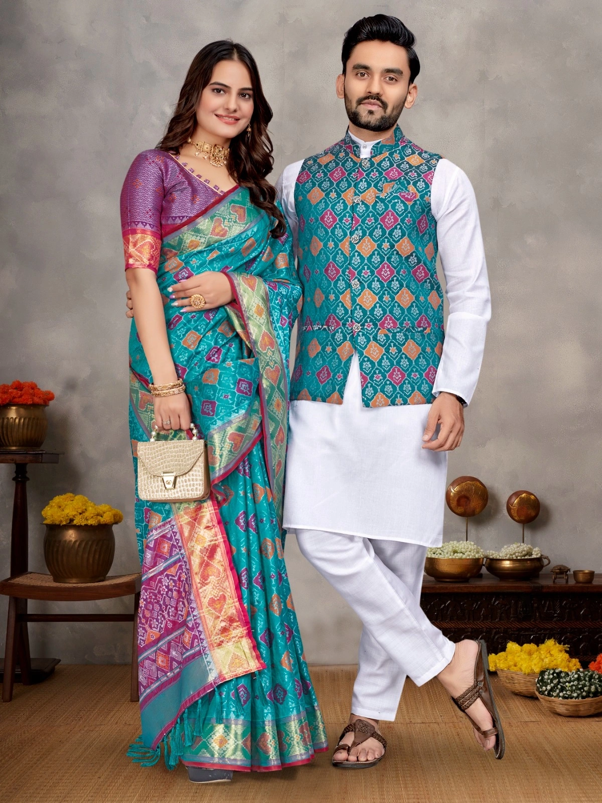 Stylish Men's Kurta Set and Women's Silk Saree - Multiple Sizes-Sky Blue-M-2