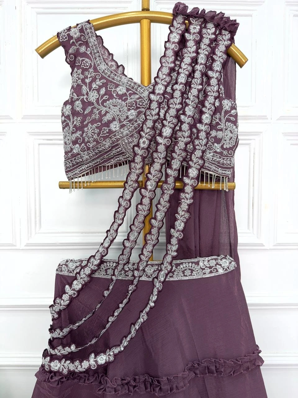 Chinon Lehenga Saree: Elegant, Embroidered, and Ready-to-Wear!-Wine-3