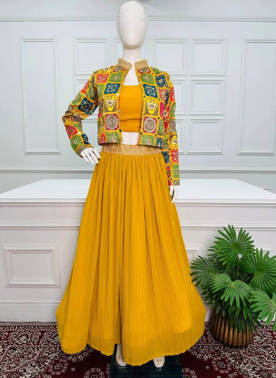 Crush Georgette Lehenga with Hand Work - Stunning, Free Size!-Yellow-3