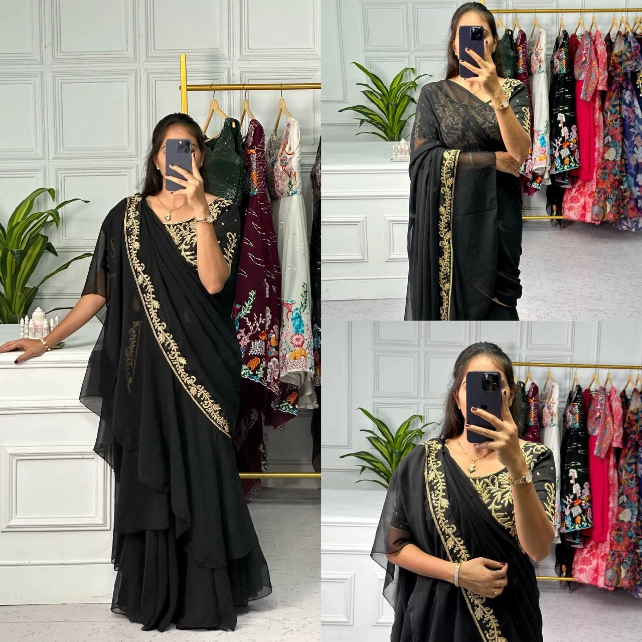 Elegant Faux Georgette Lehenga Saree with Ruffled Pallu-Black-1