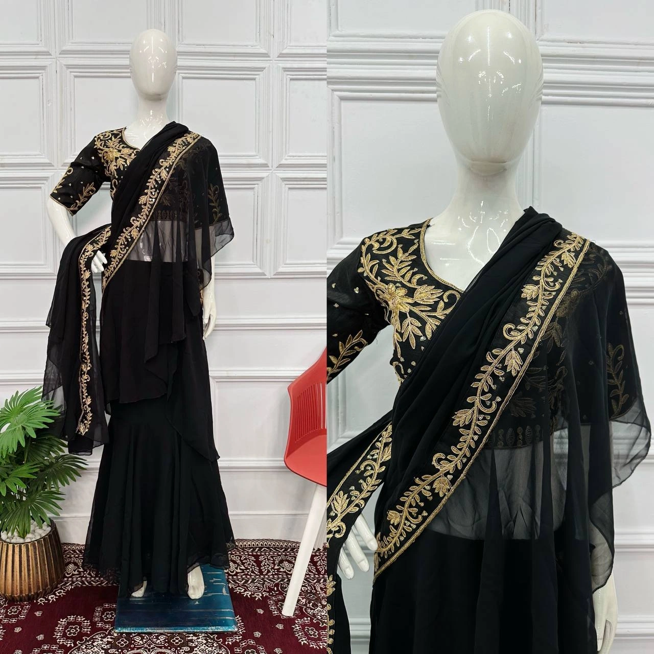 Elegant Faux Georgette Lehenga Saree with Ruffled Pallu-Black-2