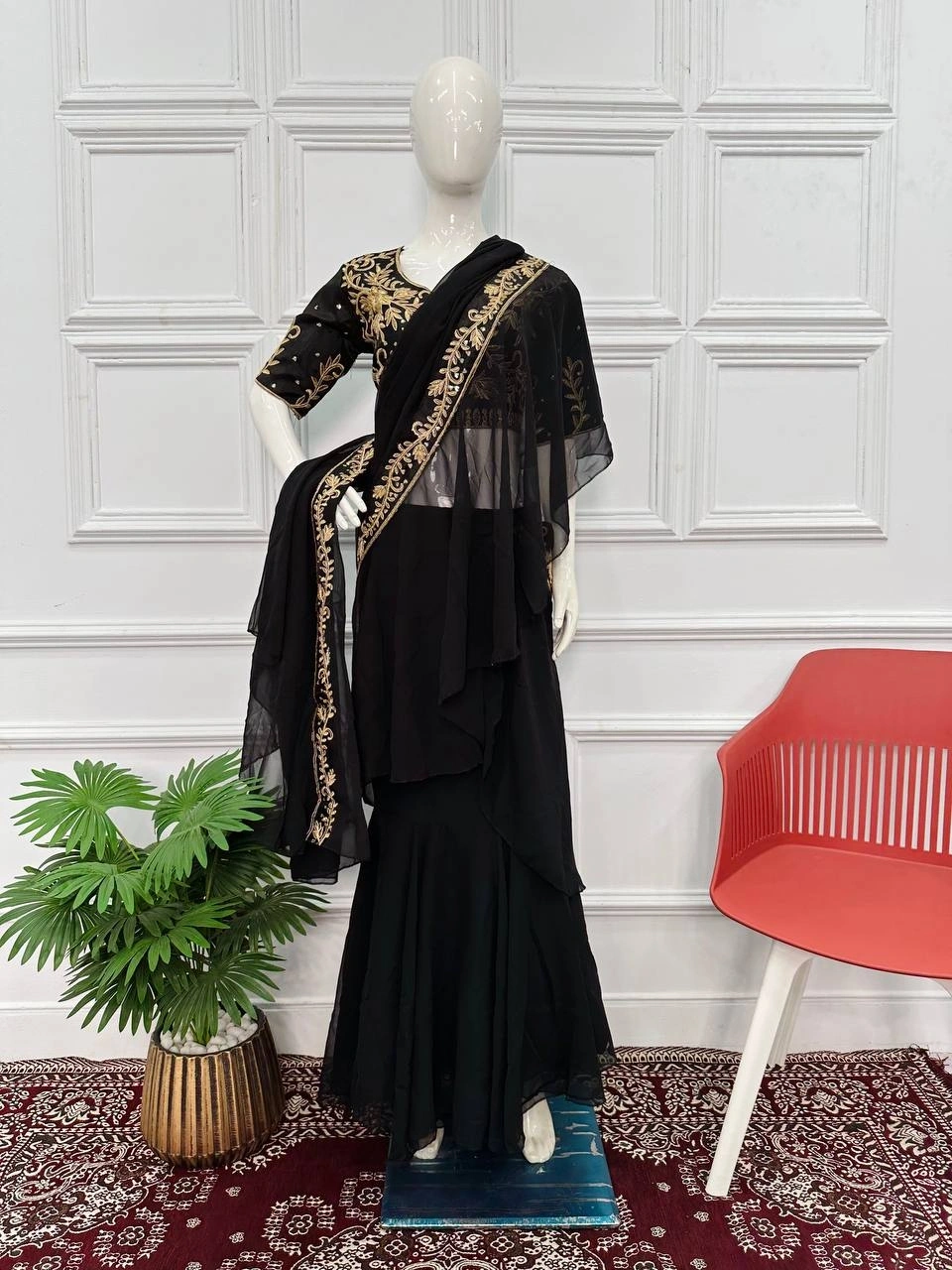 Elegant Faux Georgette Lehenga Saree with Ruffled Pallu-Black-3