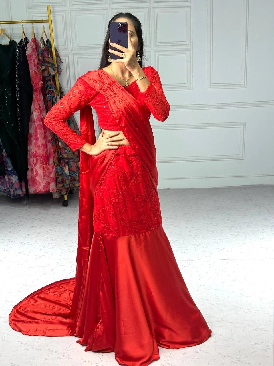 Satin and Georgette Lehenga Saree with Full Embroidered Blouse-Red-1