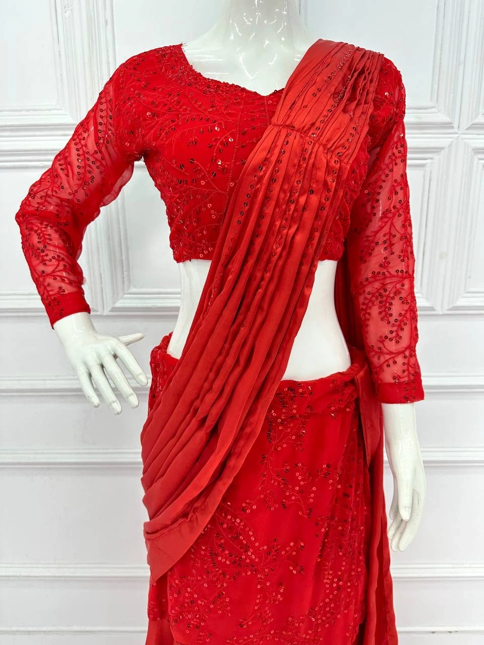 Satin and Georgette Lehenga Saree with Full Embroidered Blouse-Red-4