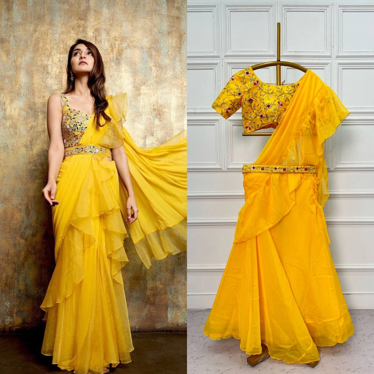 Organza Lehenga Saree with Embroidered Banglory Blouse-RST-1006-Yellow