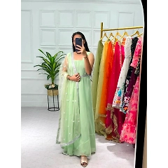 Faux Georgette XL(42) XXL(44) Umbrella Flair Dress with Embroidered Net Dupatta