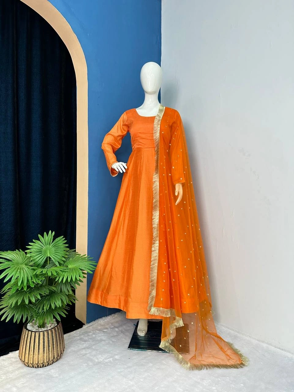 Blooming Vichitra Gown Set with Full Embroidered Dupatta-Orange-1