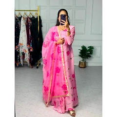 Satin Georgette Digital Print Gown with Organza Dupatta