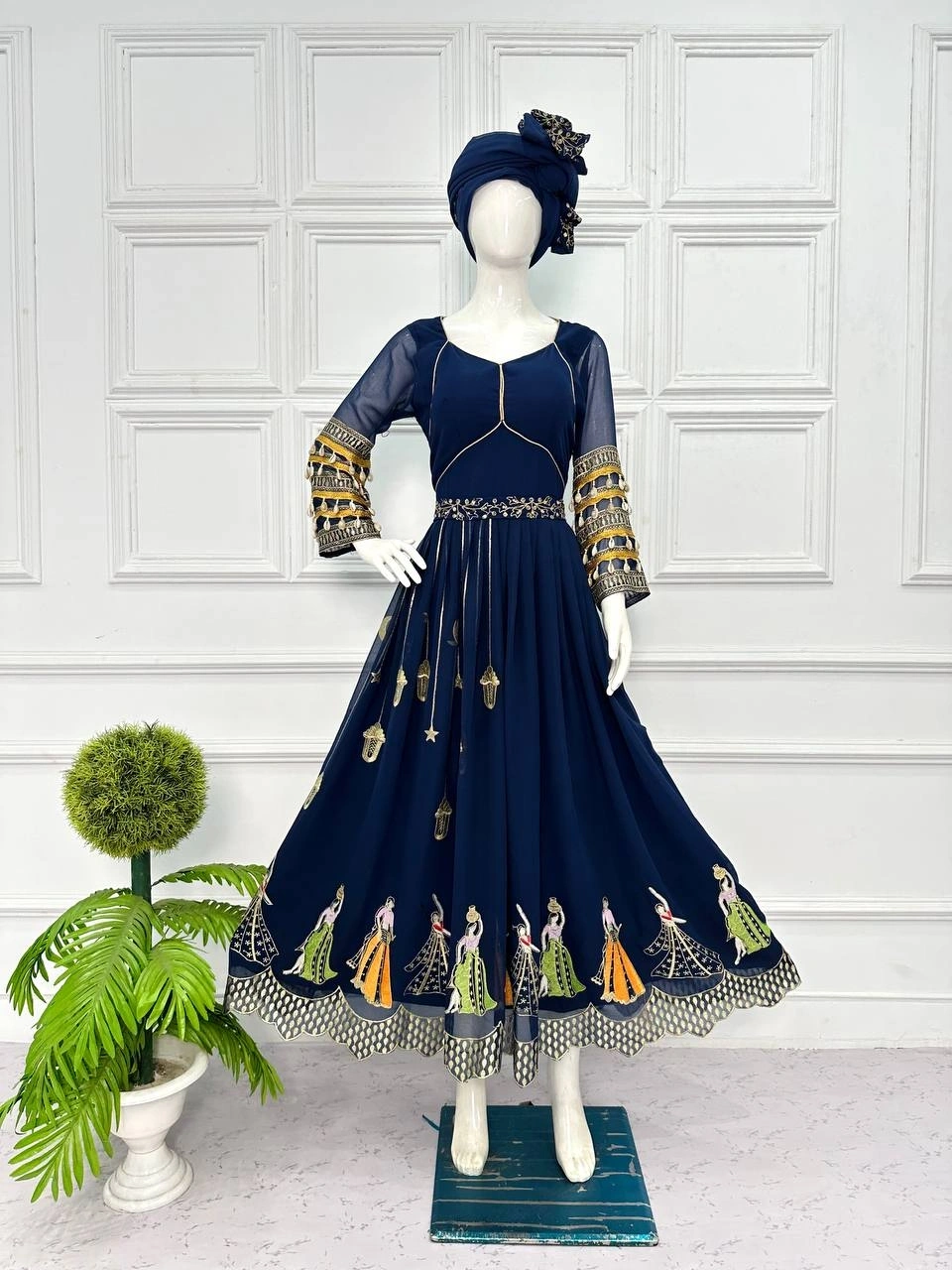 Faux Georgette Gown - Full Embroidery, XL Size, 52 inch Height-Navy Blue-XL-3