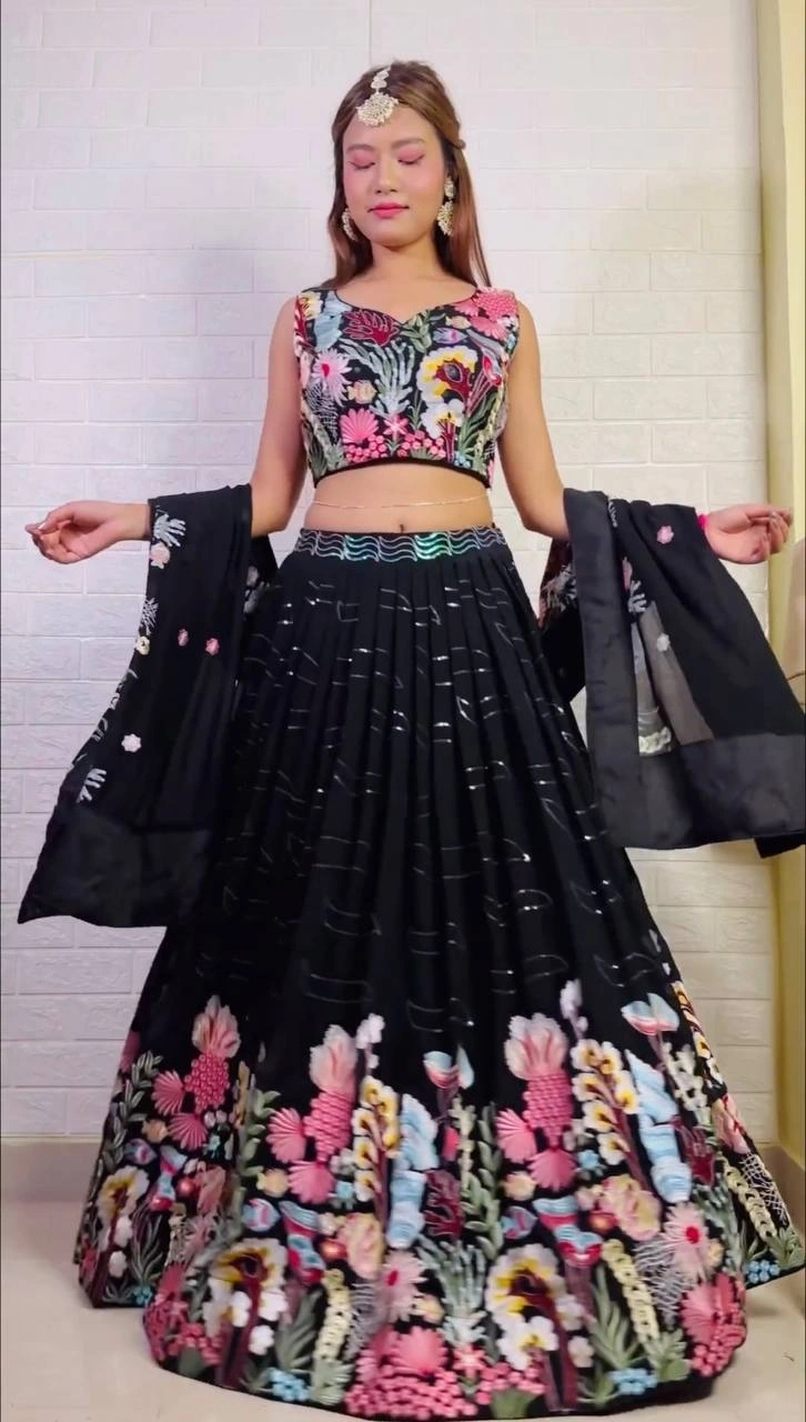 Stunning Georgette Lehenga with Full Embroidery Work and Cut Work Border-RST-1015-Black