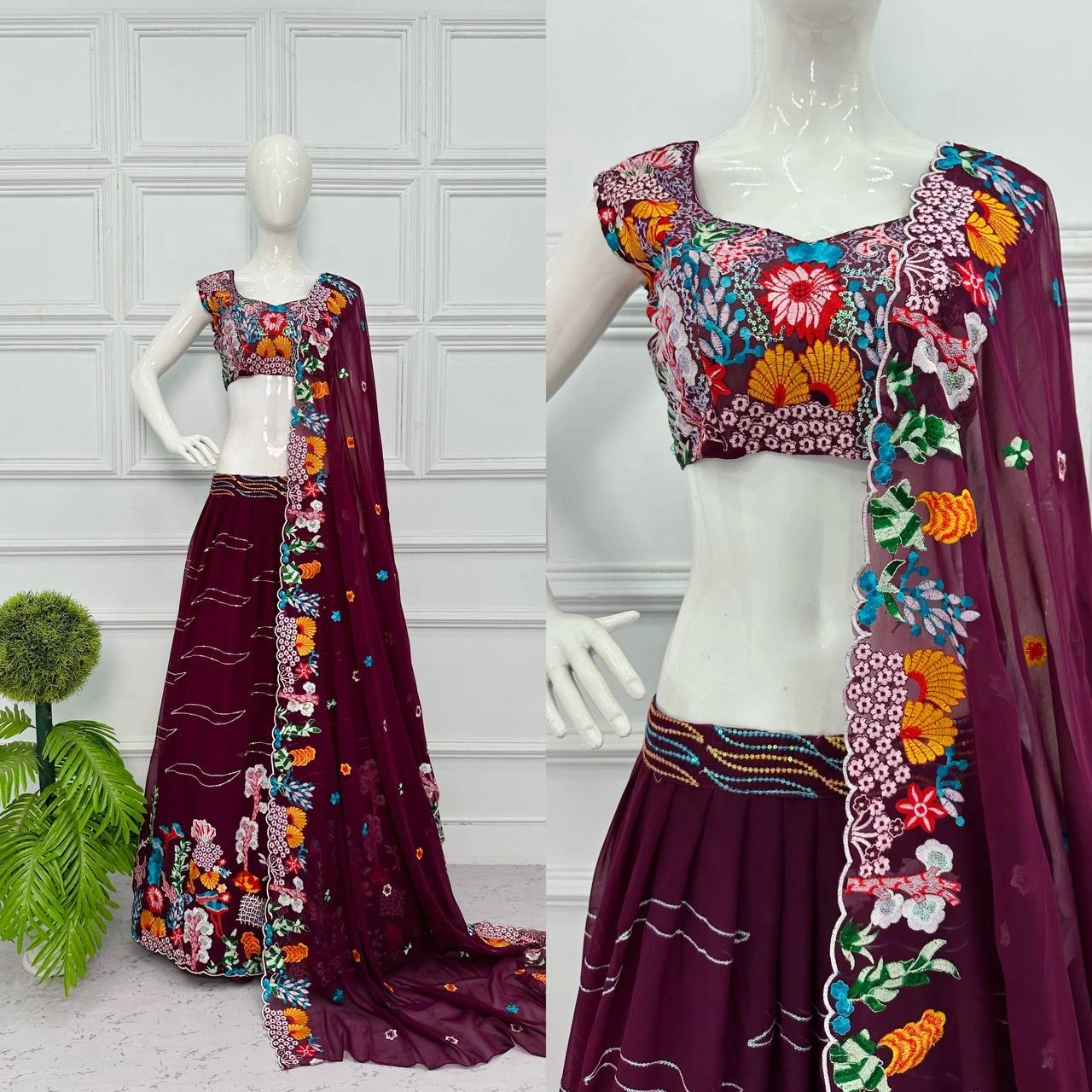 Stunning Georgette Lehenga with Full Embroidery Work and Cut Work Border-RST-1015-Wine