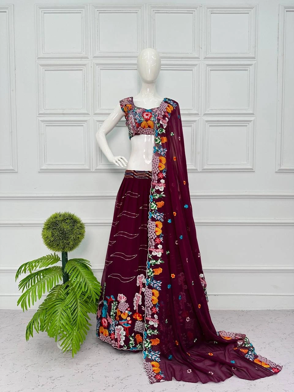 Stunning Georgette Lehenga with Full Embroidery Work and Cut Work Border-Wine-1