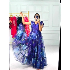 Organza Digital Print Gown: Stunning, Ready-to-Wear with Full Frill Flair!