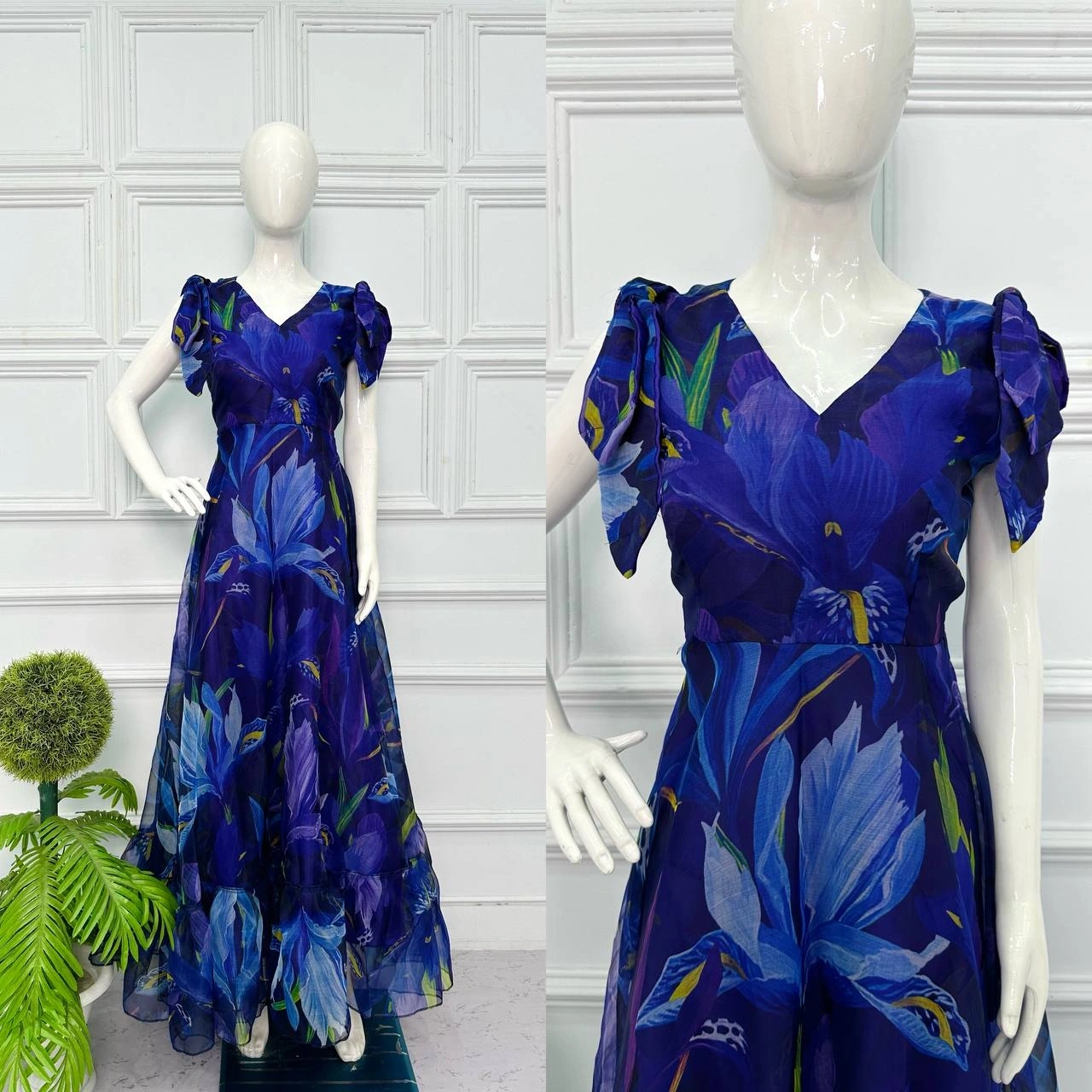 Organza Digital Print Gown: Stunning, Ready-to-Wear with Full Frill Flair!-Blue-1