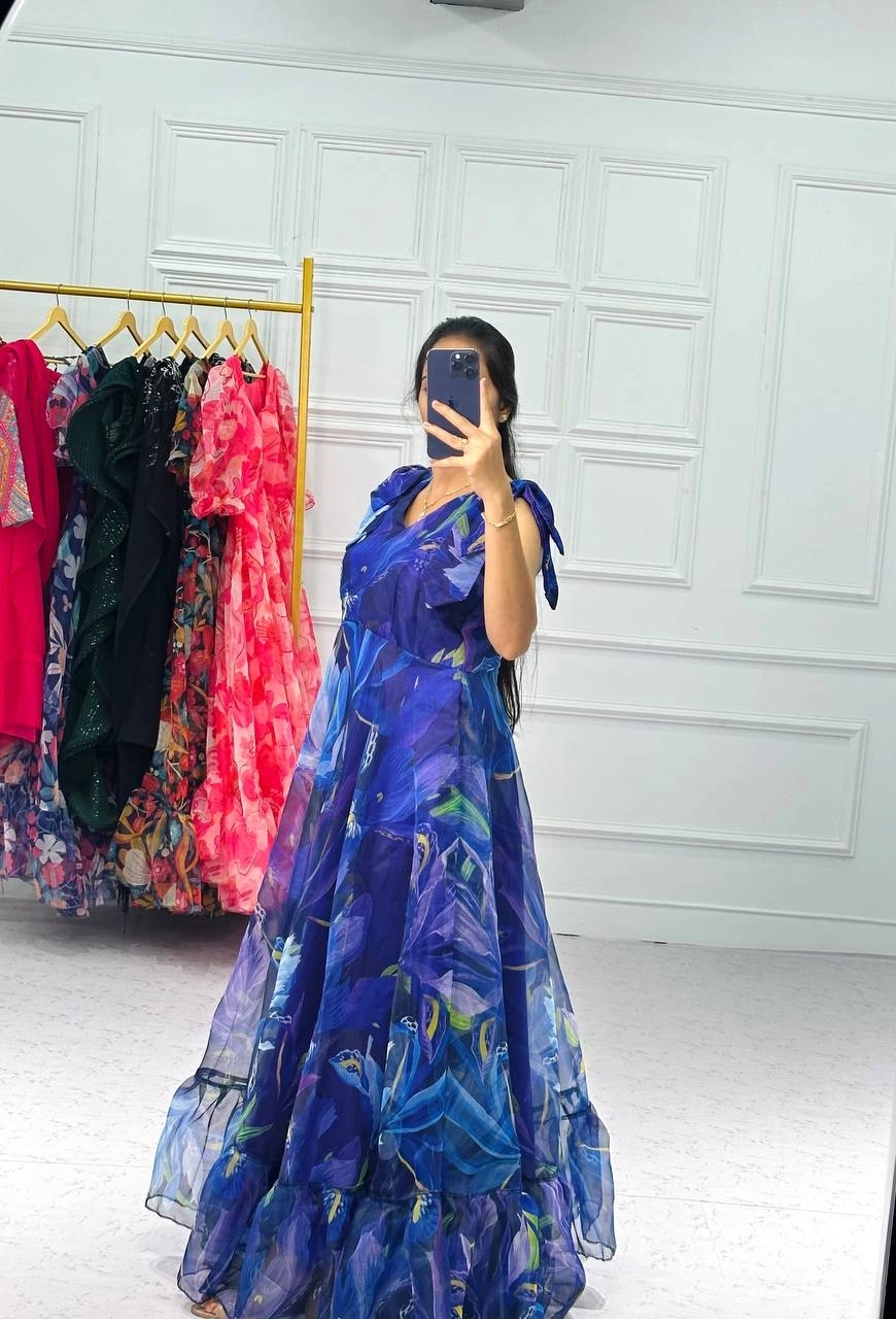 Organza Digital Print Gown: Stunning, Ready-to-Wear with Full Frill Flair!-Blue-2