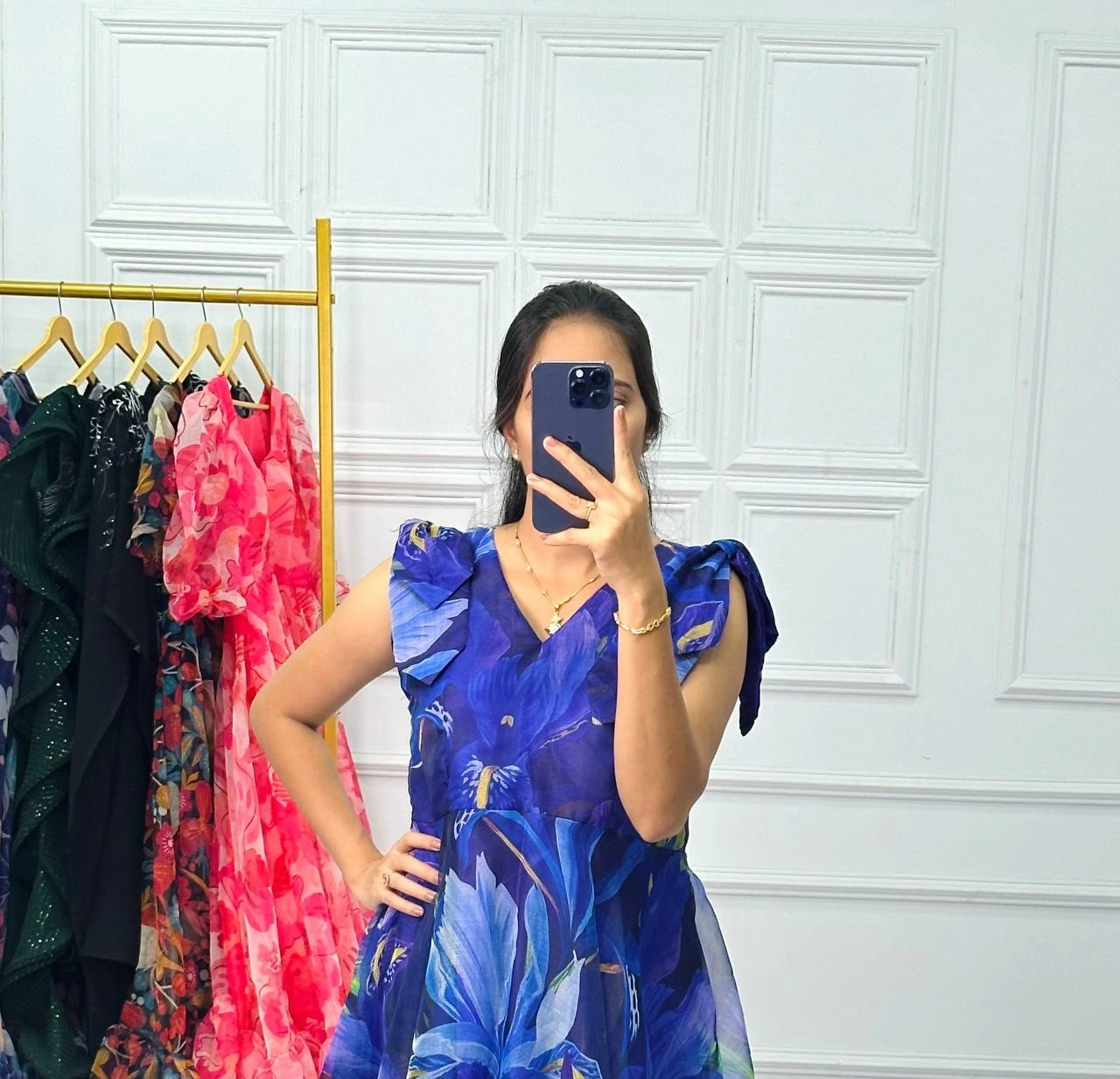 Organza Digital Print Gown: Stunning, Ready-to-Wear with Full Frill Flair!-Blue-3