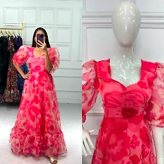 Digital Print Organza Gown with Full Frill Flair