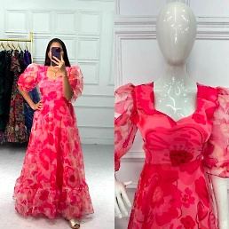 Digital Print Organza Gown with Full Frill Flair