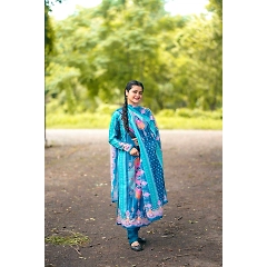 Stunning Digital Print Kurta Set with Mirror Work and Lace Border