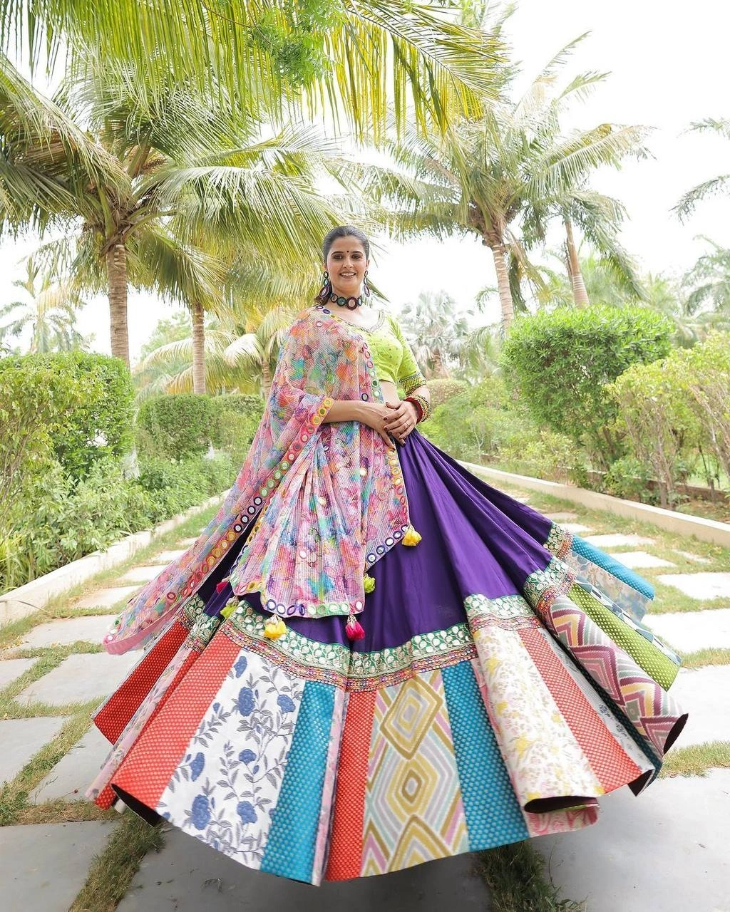 Mirror Work Lehenga Set with Digital Print-Blue-2