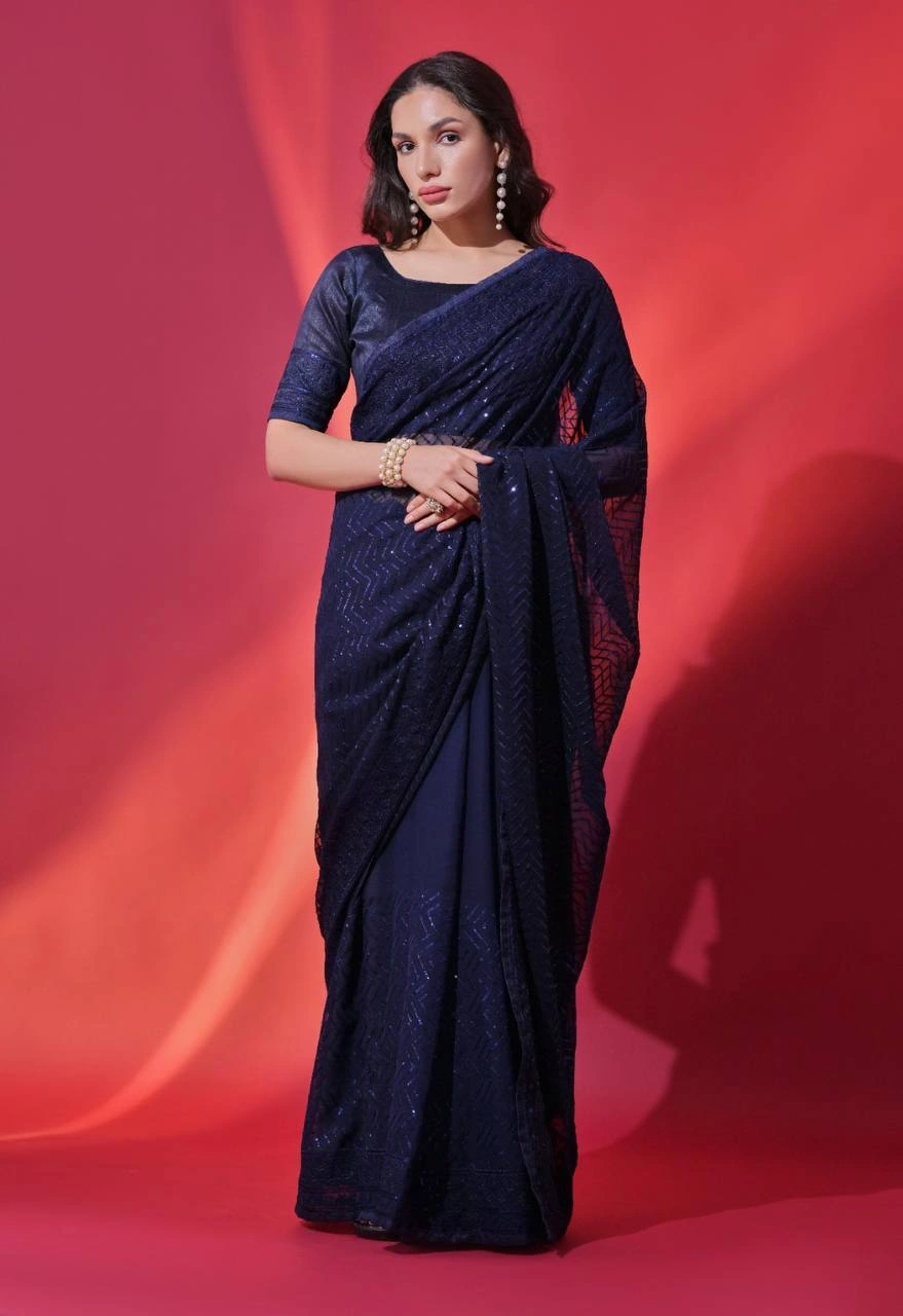 Soft Georgette Saree: Sequins Embroidery, Piping Lace Border-RVT-619-NavyBlue