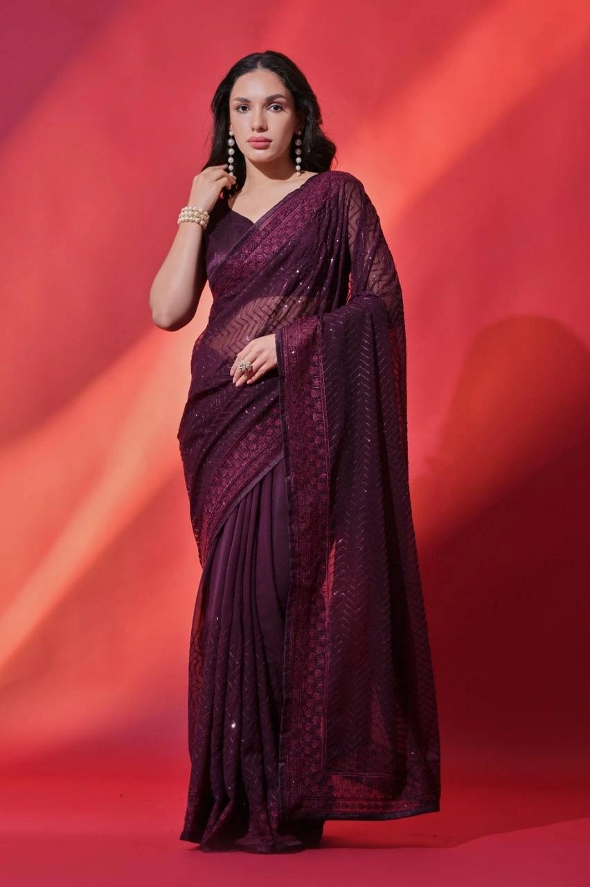 Soft Georgette Saree: Sequins Embroidery, Piping Lace Border-RVT-619-Red