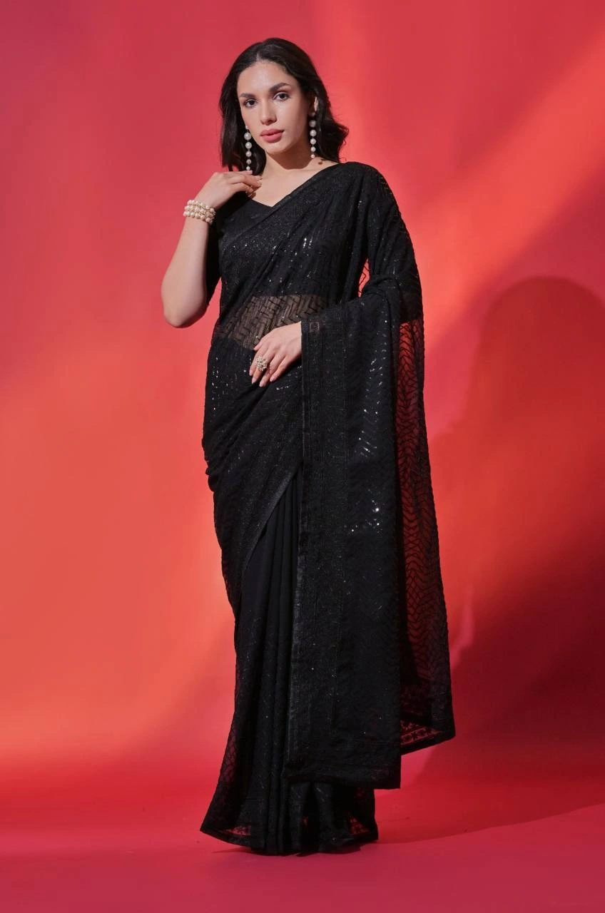 Soft Georgette Saree: Sequins Embroidery, Piping Lace Border-RVT-619-Black