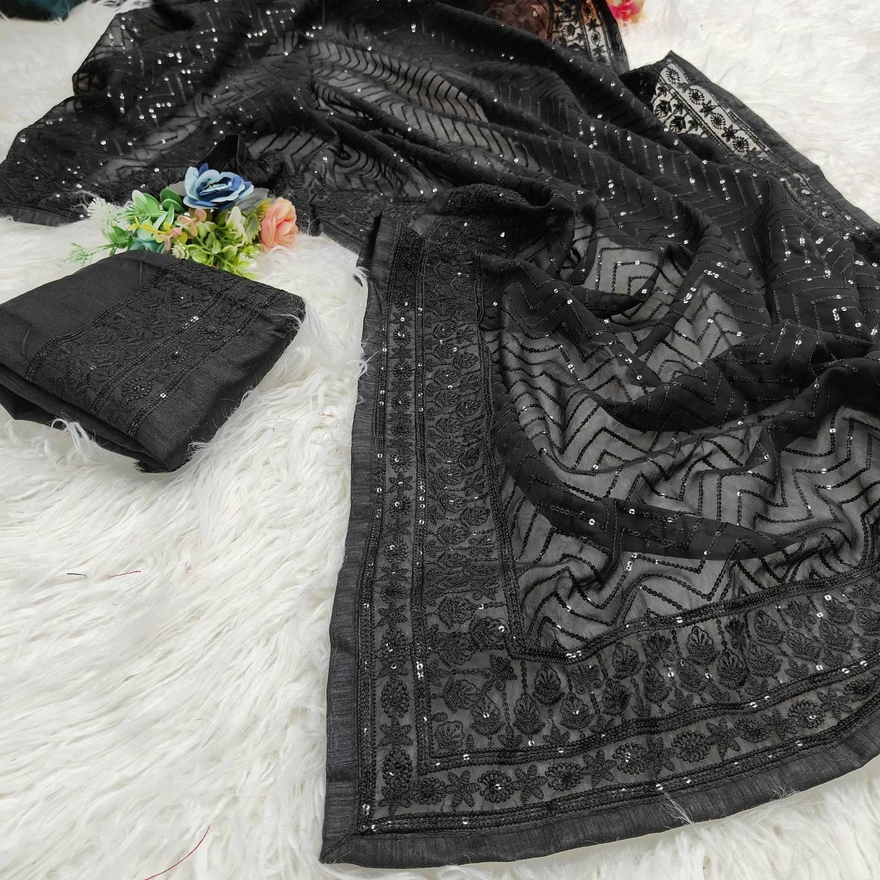 Soft Georgette Saree: Sequins Embroidery, Piping Lace Border-Black-1