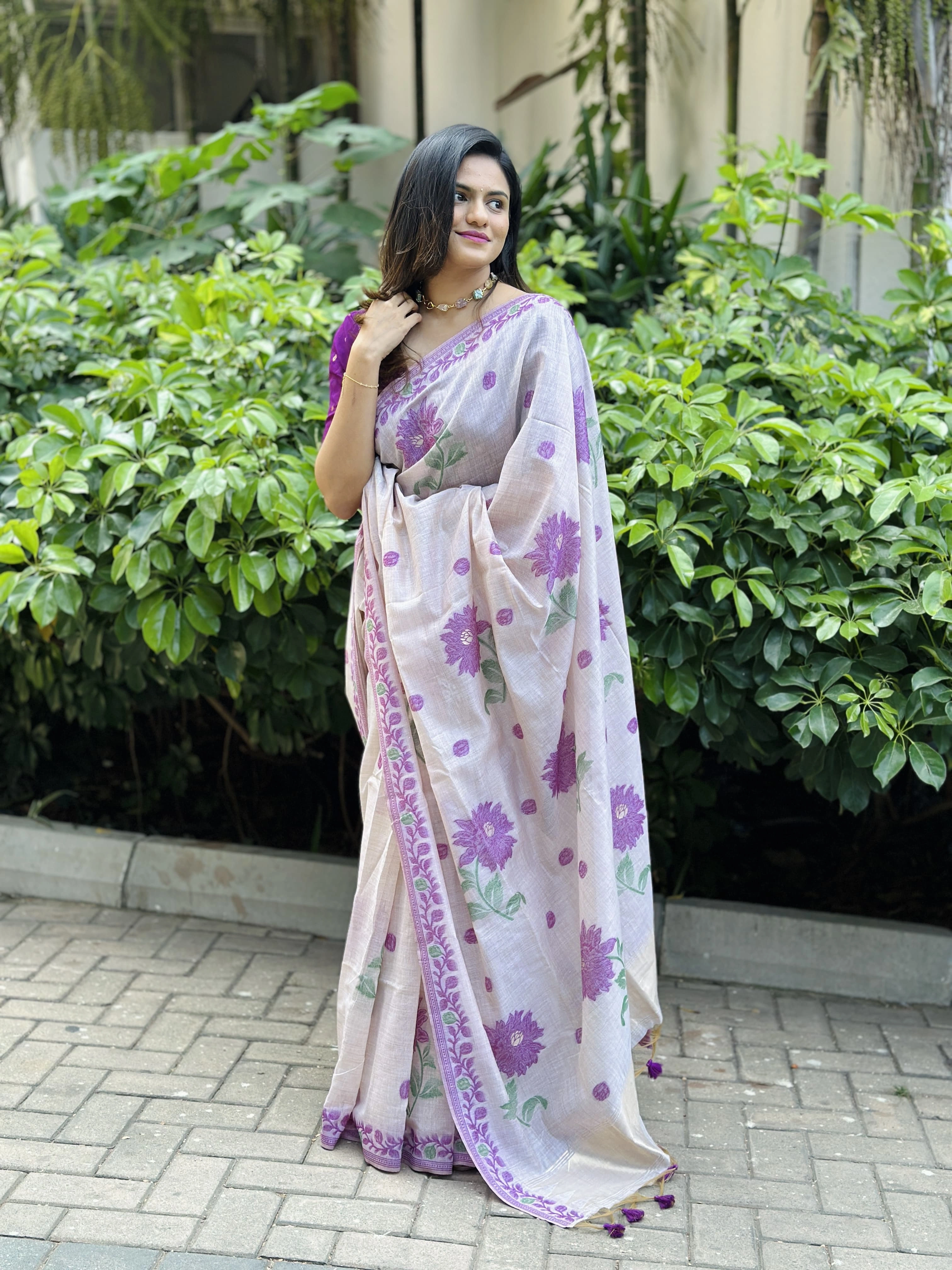 Soft Muga Cotton Saree with Resham Weaving and Tassels-Lavender-1