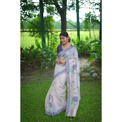 Soft Muga Cotton Saree with Resham Weaving and Tassels