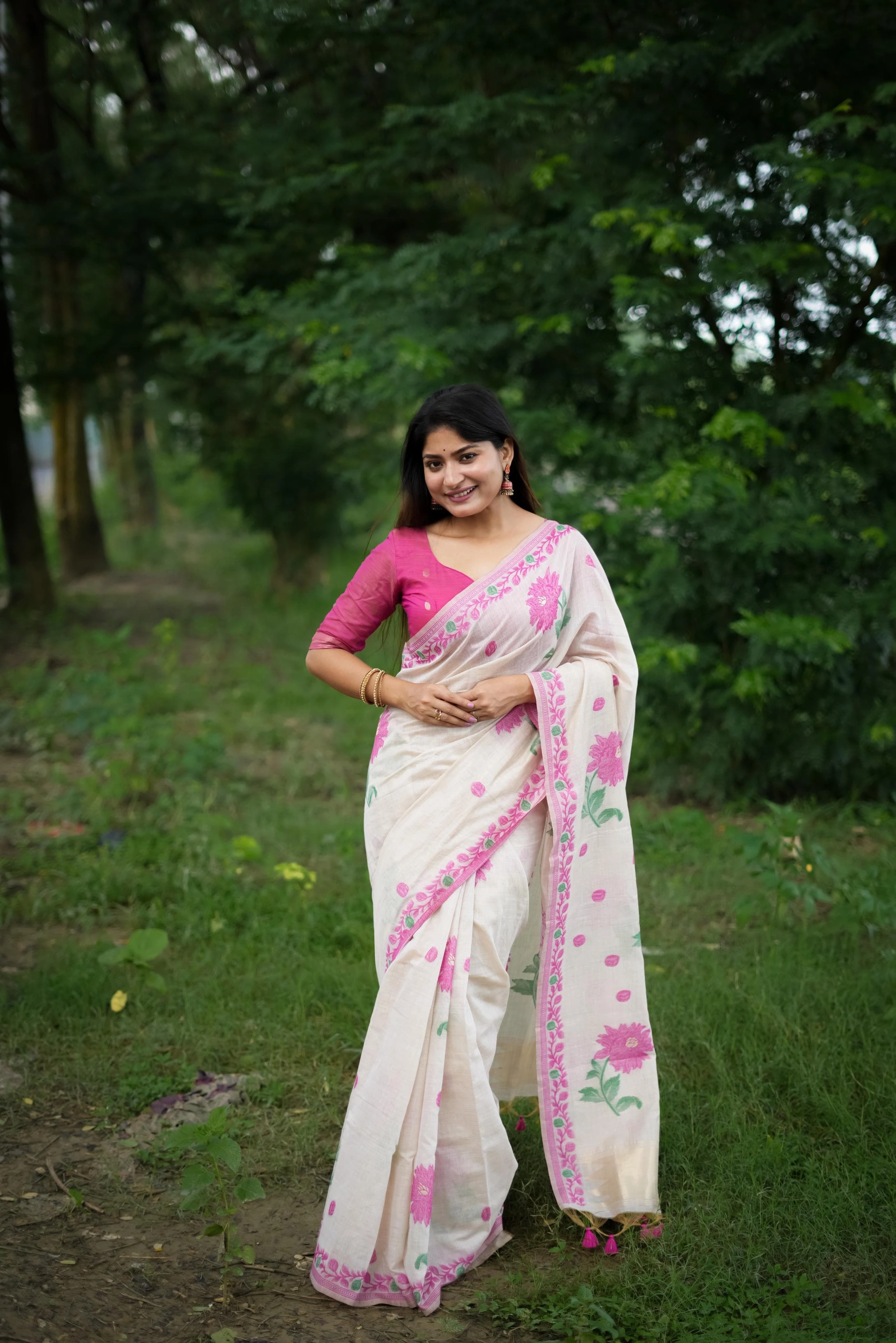 Soft Muga Cotton Saree with Resham Weaving and Tassels-ANT-56-Pink