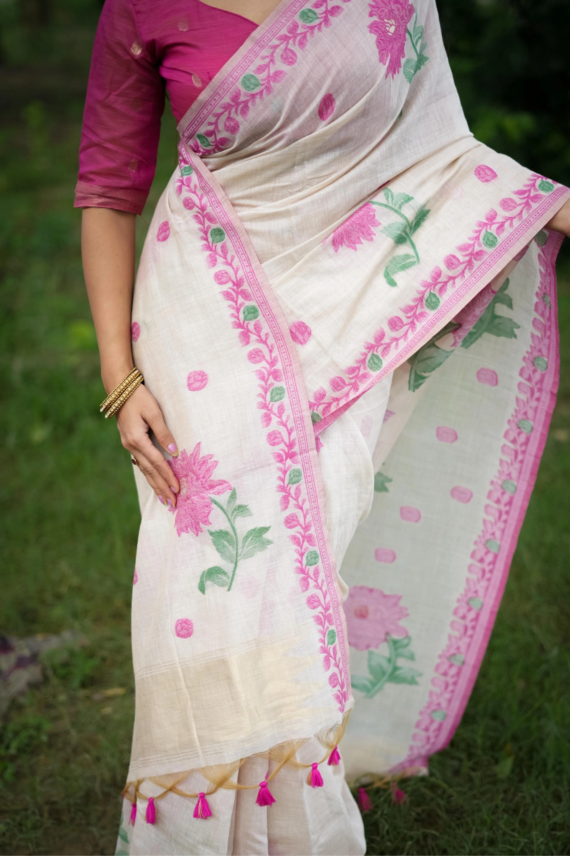 Soft Muga Cotton Saree with Resham Weaving and Tassels-Pink-3