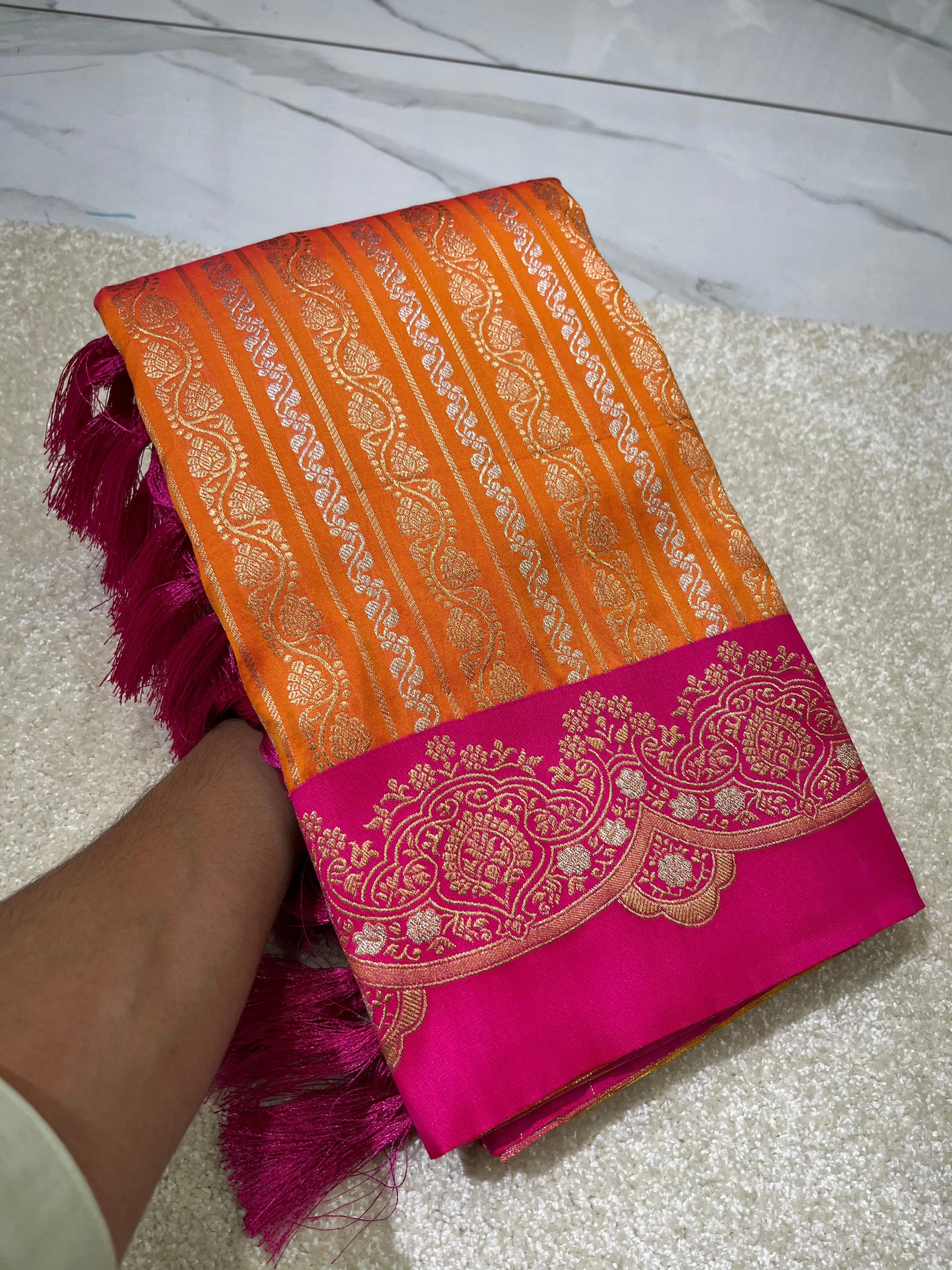 Zari-woven Soft Silk Saree with Unstitched Blouse-REW-05-Orange