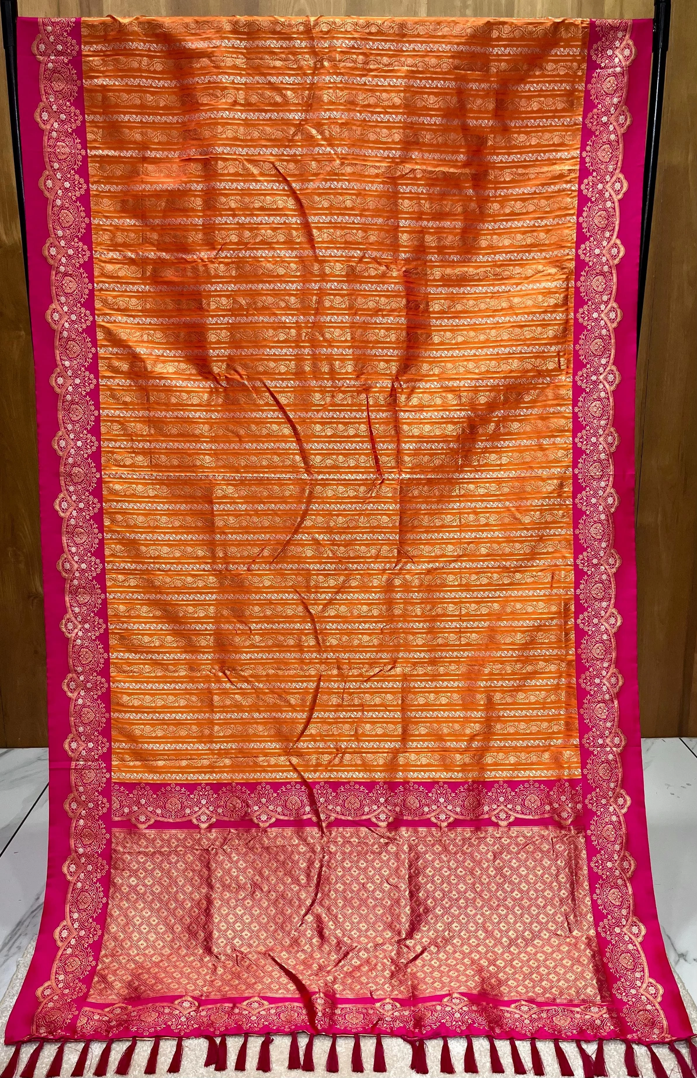 Zari-woven Soft Silk Saree with Unstitched Blouse-Orange-1