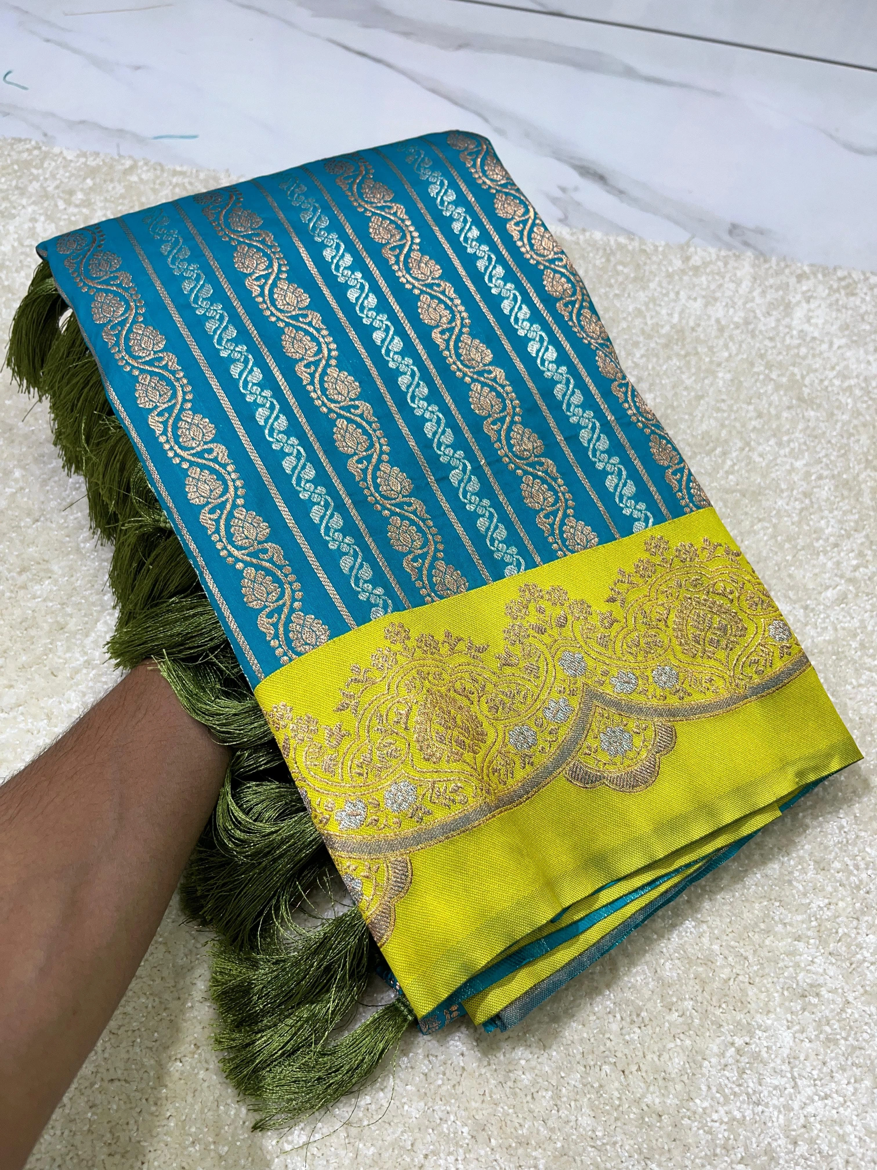 Zari-woven Soft Silk Saree with Unstitched Blouse-REW-05-SkyBlue